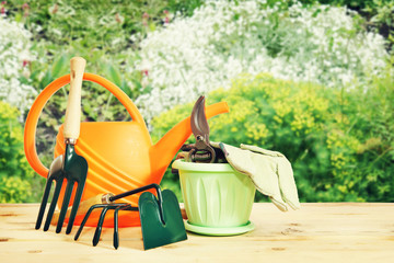 Various gardening tools in the garden outdoor