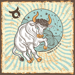 Fototapety  Znak zodiaku Byk.Karta Vintage Horoskop