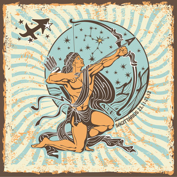 Sagittarius zodiac sign.Vintage Horoscope card