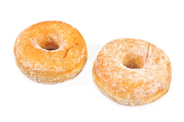 Two donuts powdered with suger isolated on white