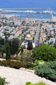 View on the down town of Haifa and Bahai Gardens from Mount Carmel