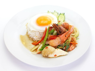 fried basil leave with seafood and white rice