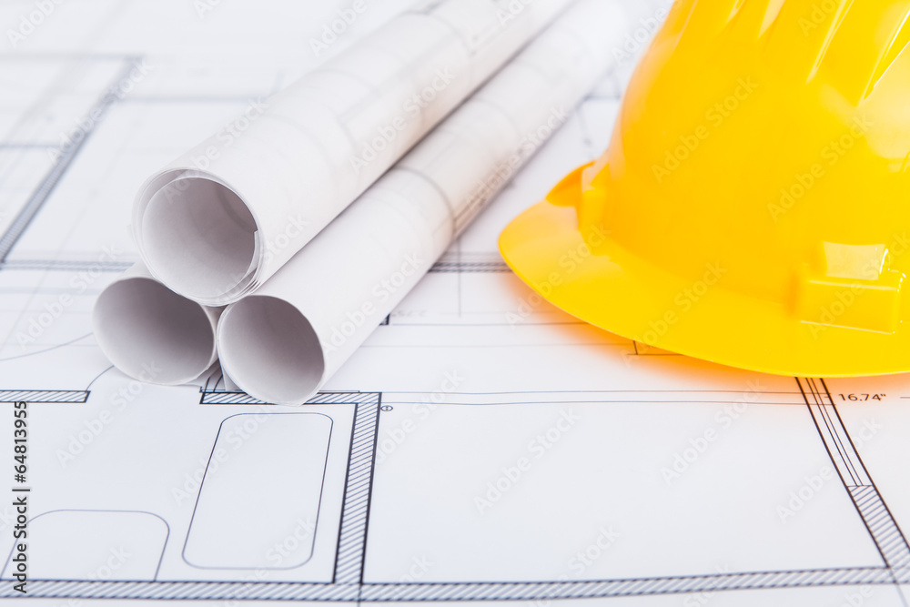 Poster hardhat and blueprints