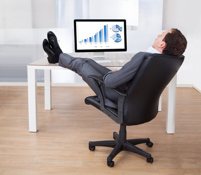 Businessman With Feetup Relaxing At Computer Desk