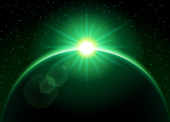 Rising sun behind the planet - green vector illustration