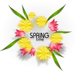Spring time with dandelion and tulips