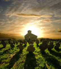 Fototapeta na wymiar Church Cemetery At The Sunset, Serbia