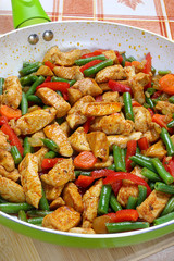 Fried chicken with vegetables in frying pan