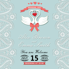 Vintage wedding invitation with Paisley border,cartoon swans