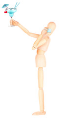 wooden Dummy with cocktail and mobile phone