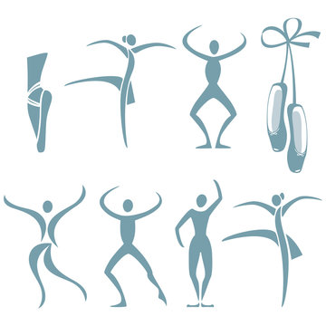 Selection of figures in different dance poses and ballet shoes