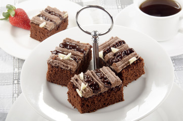 chocolate cake on a cake stand