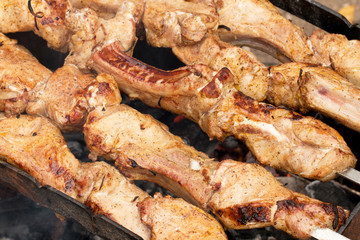 Juicy pieces of grilled meat, detailed.