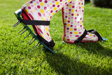 Woman wearing spiked lawn revitalizing aerating shoes