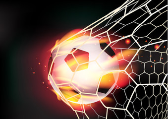 Vector soccer ball in goal net on fire flames
