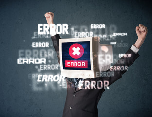 Business man with pc monitor on his head and error messages on t