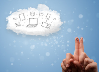 Happy smiley fingers looking at cloud computing with technology