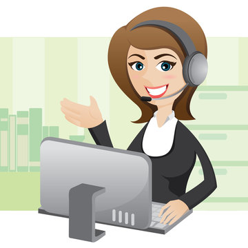 cartoon girl callcenter with computer