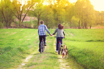 Young happy couple ride bicycles in the meadow back to camera an