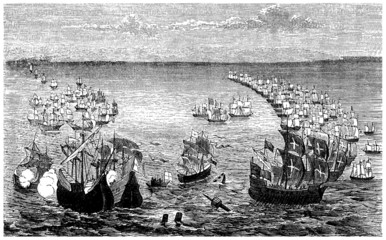 The Spanish Armada vs the English Fleet - 16th century © Erica Guilane-Nachez