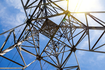 Upward view of the structure under power transmission tower