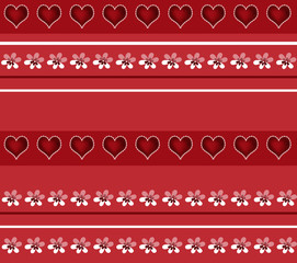 Seamless white floral and hearts pattern on red