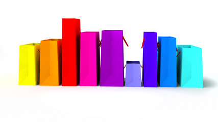 row of brightly coloured shopping bags in rainbow colours