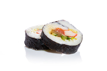 Traditional fresh japanese sushi on white background.