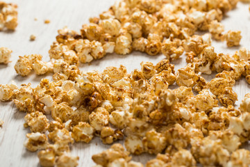 Popcorn on wooden table