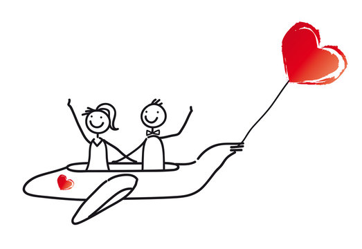 Hochzeitspaar fliegt in die Flitterwochen, Liebe, Hochzeit, Heirat, Trauung, Verlobung, Einladung, Weltreise und Auszeit, neues entdecken und kennenlernen, adieu