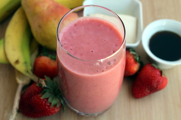 Pink smoothie strawberries, bananas, pears, tofu and maple syrup