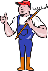Gardener Farmer Hold Rake Thumbs Up Cartoon