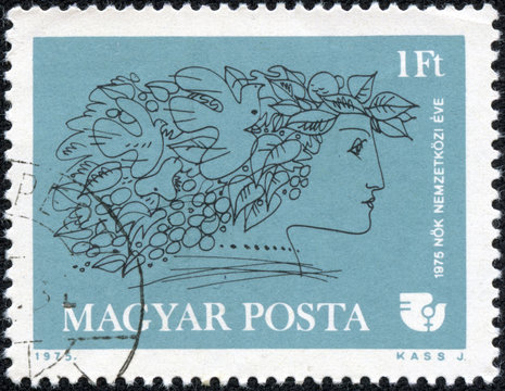 stamp printed by Hungary, shows Woman, IWY Emblem