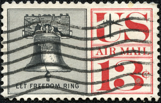Stamp printed in USA shows the Liberty Bell