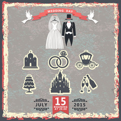Vintage invitation with wedding clothes and wedding icons