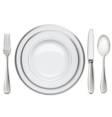 Empty plates with silver rims, spoon, fork, knife isolated on wh