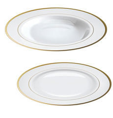 Empty white plates with gold rims isolated on white. - 64847536