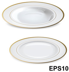 Empty white plates with gold rims isolated on white. Vector illu - 64847570