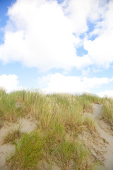 Fototapeta na wymiar Dunes with sand and cloudy blue sky