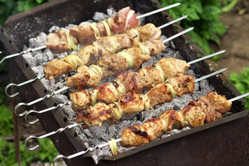 Pork Shish kebab on Fire. Appetizing fresh meat shish kebab prep