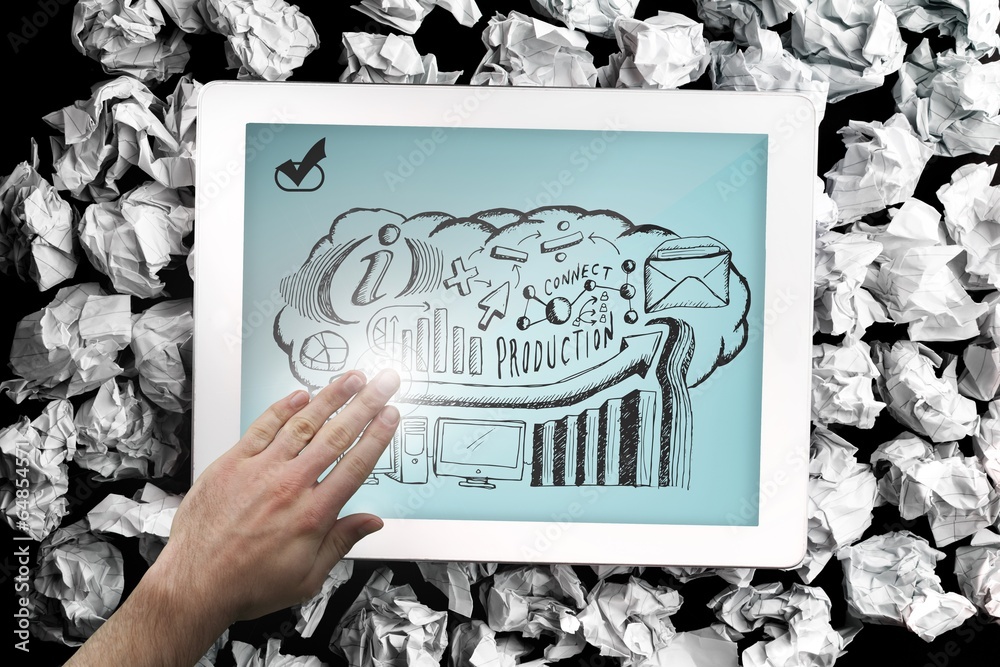 Poster composite image of hand presenting on tablet