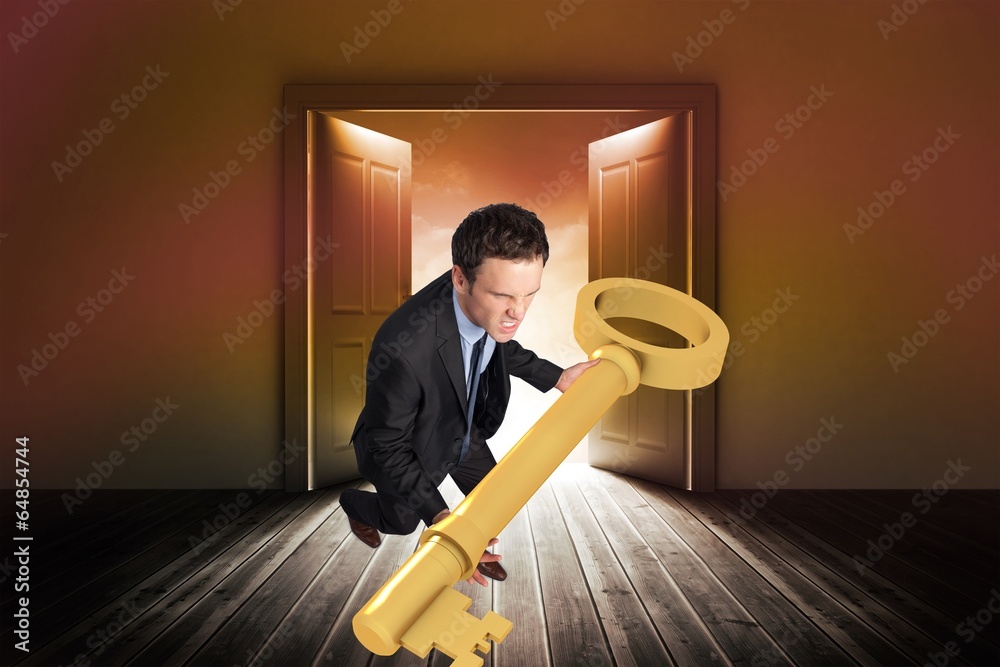 Poster composite image of businessman carrying large key