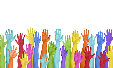 Colorful Hands Raised On White Background - obrazy, fototapety, plakaty