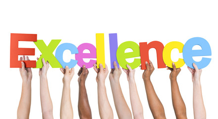 Multiethnic Arms Raised Holding Text Excellence
