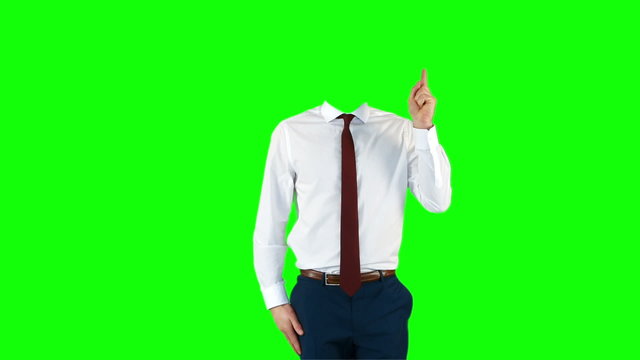 Headless businessman gesturing to camera