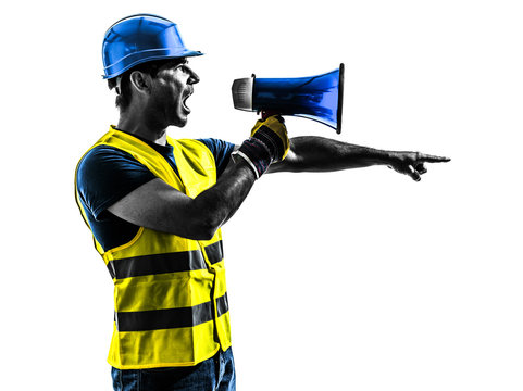 Construction Worker Signaling Megaphone Silhouette