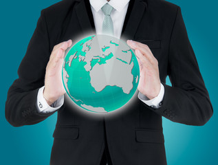 Businessman standing posture hand holding Earth icon isolated