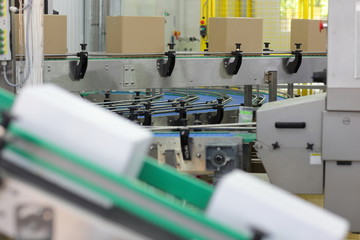 Cardboard boxes on conveyor belt in factory