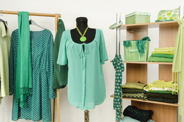 Closet with green clothes and accessories on shelf and mannequin