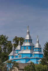 Blue church in a Ukrainian village